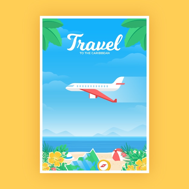 Travelling poster with plane above the beach