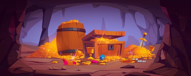 Treasure cave with golden coins in chest and wooden barrel, crystal gems, crown, sword in pile of gold and goblet with precious rocks, ancient fantasy magic tomb or mine, Cartoon illustration