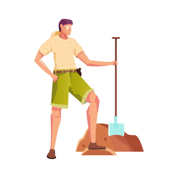 Treasure hunt flat composition with male character of archeologist with shovel