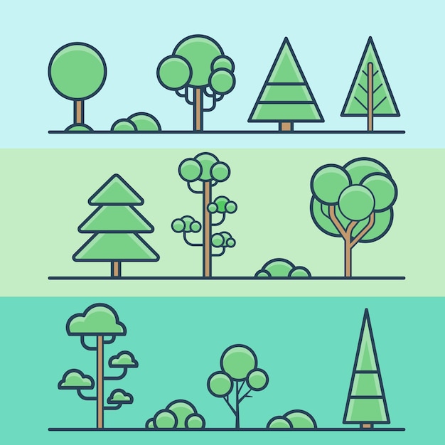 Free Vector tree bush park forest geometric colorful nature set. linear stroke outline flat style  icons. color lineart icon collection.