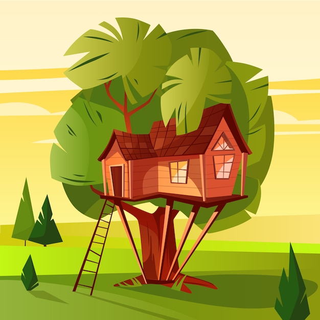 Free Vector tree house illustration of wooden hut with ladder and windows in forest. 