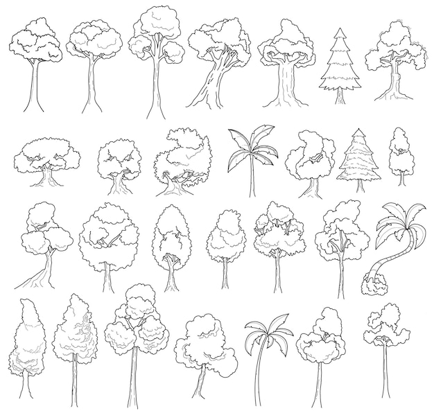 Trees doodle line art collection lineart trees isolated clipart