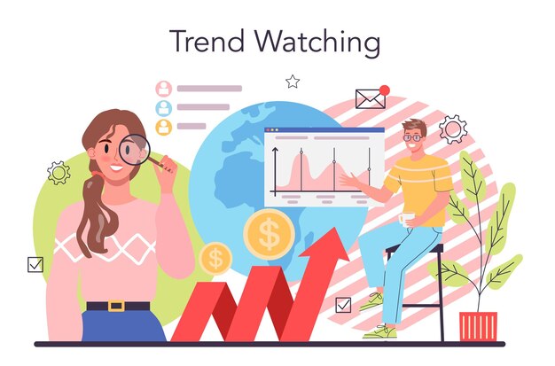 Trend watcher concept Specialist in tracking the emergence of new business trends Trend analysis and project promotion Vector illustration in flat style