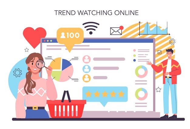 Trend watcher online service or platform Specialist in tracking the emergence of new business trends Online trend watching Vector flat illustration