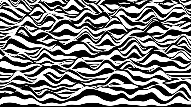 Trendy 3D black and white stripes distorted backdrop. Procedural ripple background with optical illusion effect