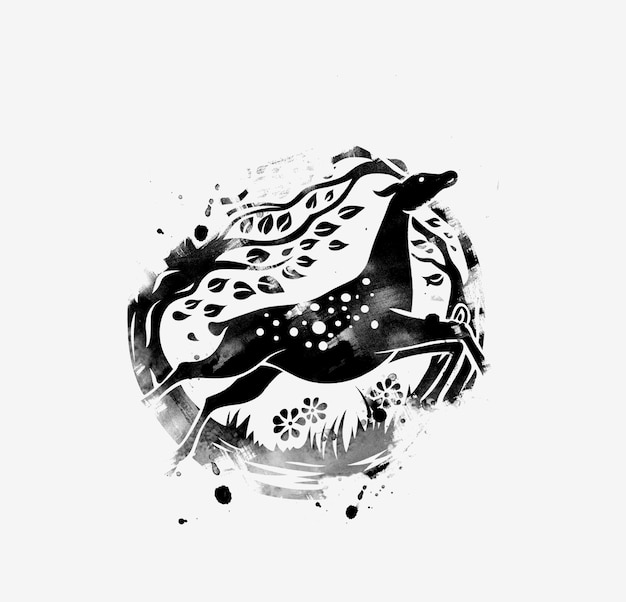 Trendy hand drawn black deer head with floral pattern and doodle twigs, Grunge Vector Illustration.