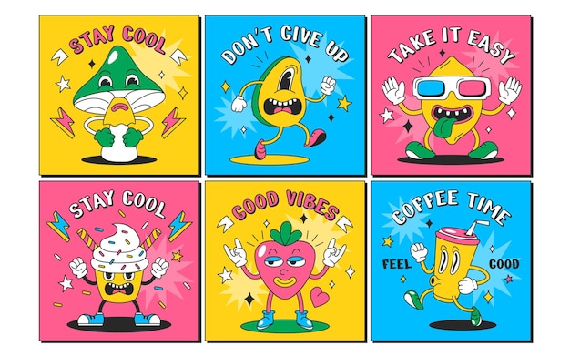 Trendy psychedelic square posters with funny characters Modern colorful flyers with groovy avocado heart mushroom cupcake and coffee cup Cartoon cards design elements with comic faces Stay cool