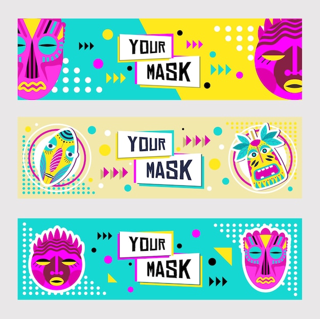 Free Vector tribal masks banner design set. traditional decoration, tropical souvenir in boho style vector illustration with text samples