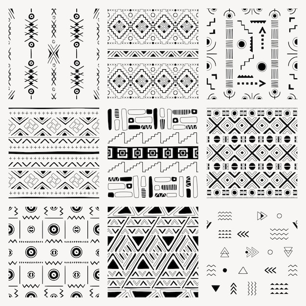 Free Vector tribal pattern background, black and white seamless geometric design, vector set