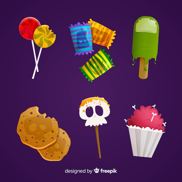 Trick or treat candies for halloween on purple background