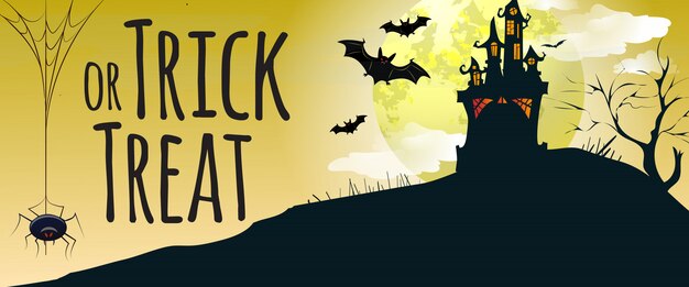 Trick or Treat lettering with castle, bats and spider