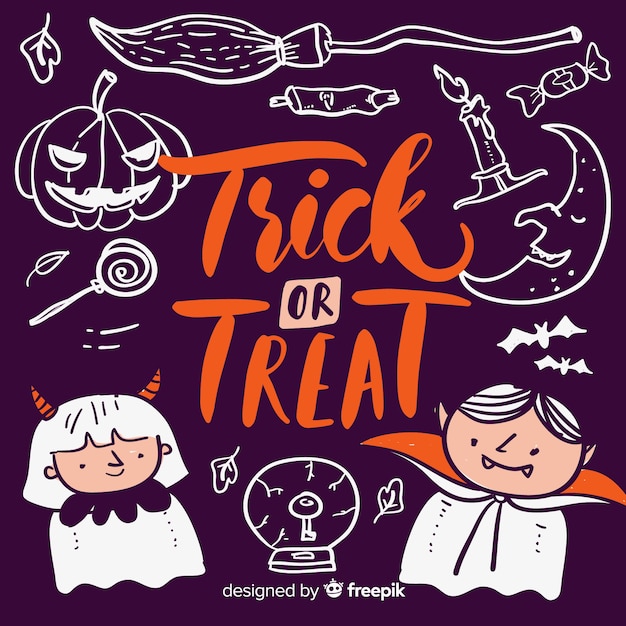 Trick or treat lettering with devil and vampire