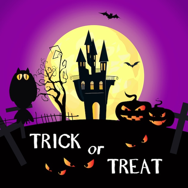 Trick or Treat lettering with full moon, castle and pumpkins