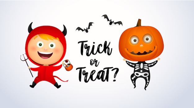 Trick or Treat lettering with kids in devil and pumpkin costumes