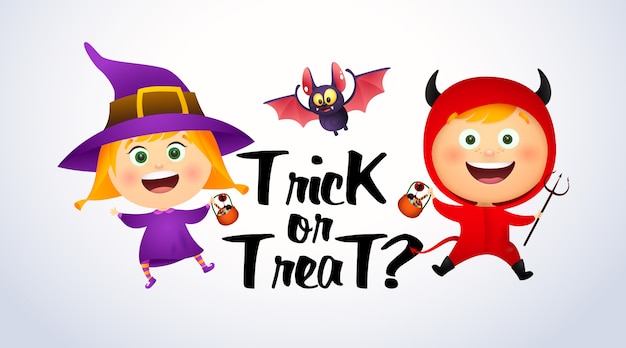 Trick or Treat lettering with kids in witch and devil costumes