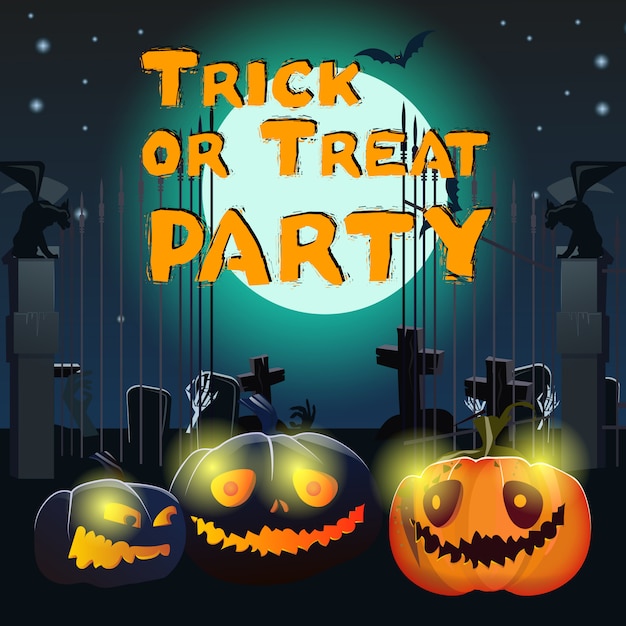 Free Vector trick or treat party lettering with pumpkins and graveyard