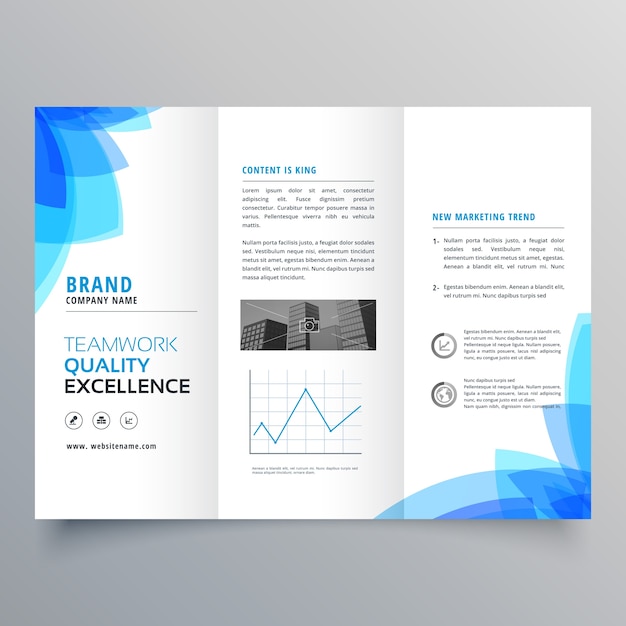 trifold brochure template design with abstract blue shapes