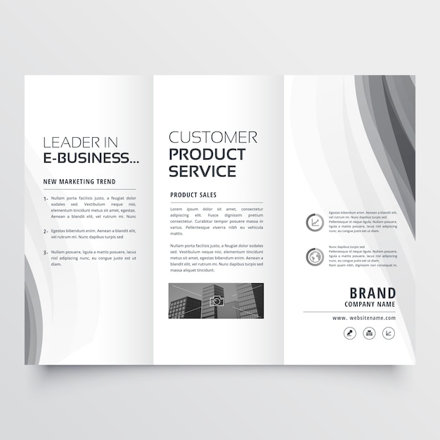 Trifold business brochure with elegant gray wave