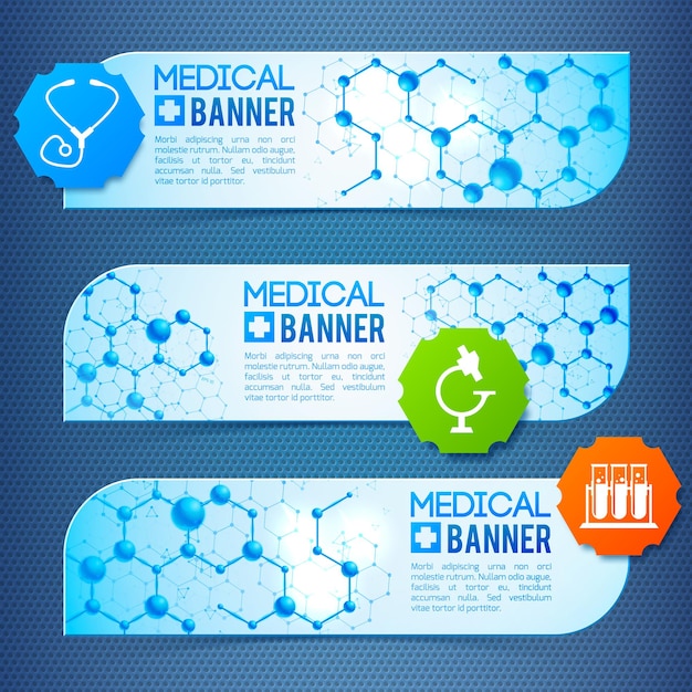 Free vector trio medical banners set with symbols and signs, medicinal capsules and atomic structures