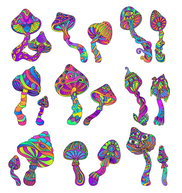 Trippy mushroom drawing set with isolated icons of curvy mushrooms colored with ornate gradients psychedelic patterns vector illustration