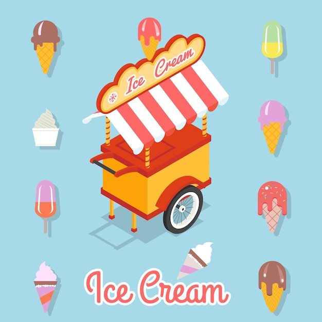 Free Vector trolley for sale of ice cream. set of different kinds of ice cream on a stick and waffle cup.