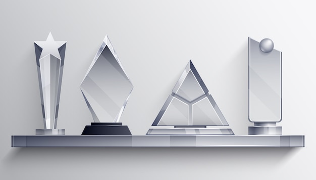 Trophies shelf realistic concept with winner symbols