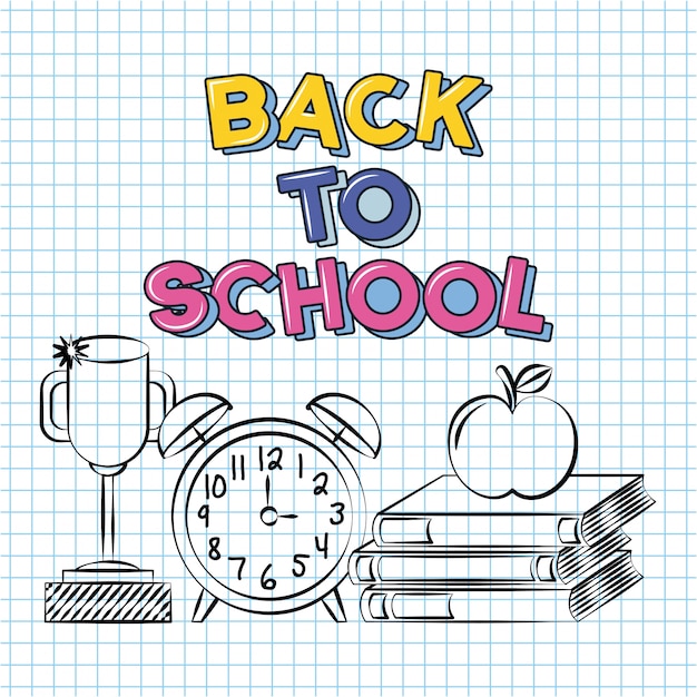 Trophy, alarm clock, books and apple, Back to school doodle drawn on a grid sheet