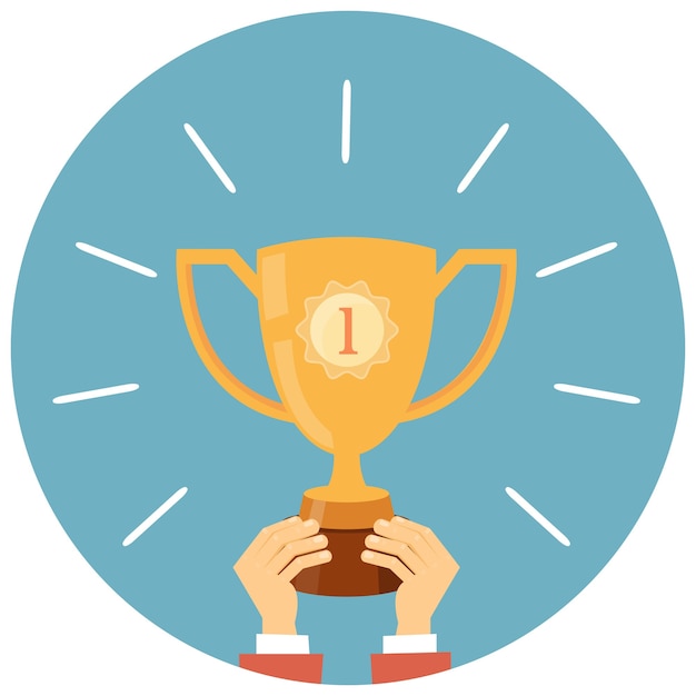 Trophy, hands holding winner cup vector illustration in flat style