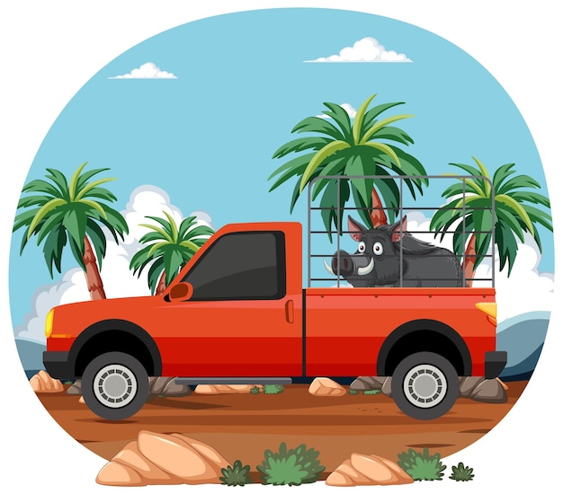 Free Vector tropical adventure with pets in pickup truck