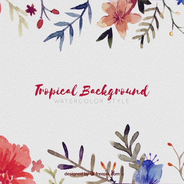 Tropical background with different plants in watercolor style