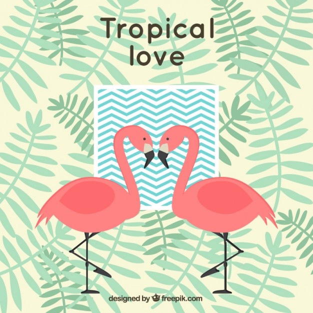 Tropical background with flamingos and palm leaves