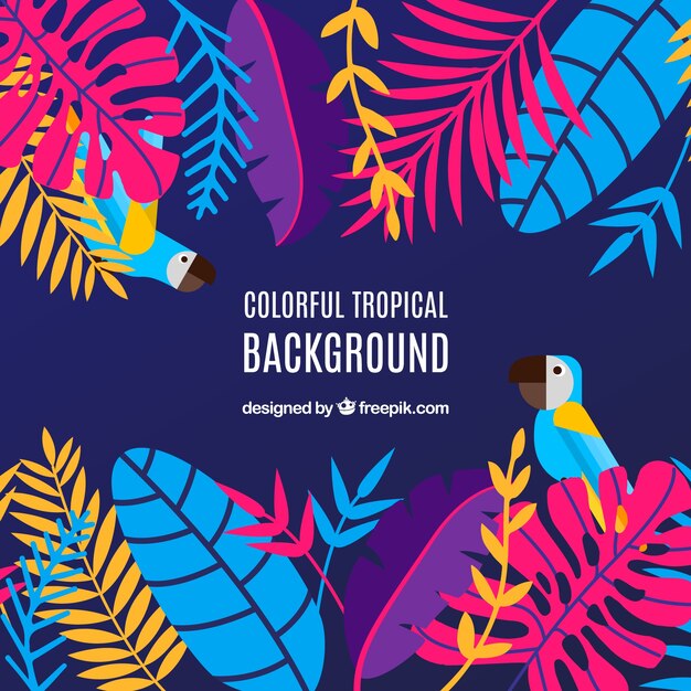 Tropical background with leaves and birds