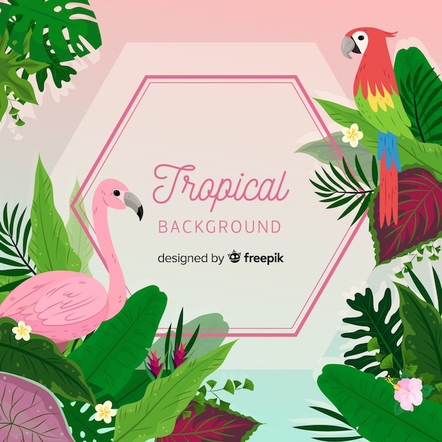 Tropical background with parrot and flamingo