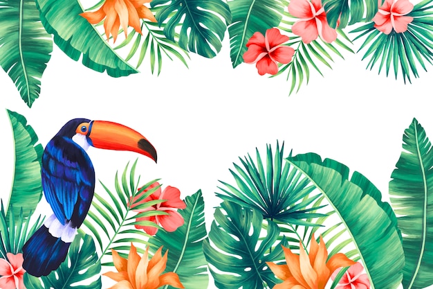 Tropical Background with Toucan and Exotic Leaves