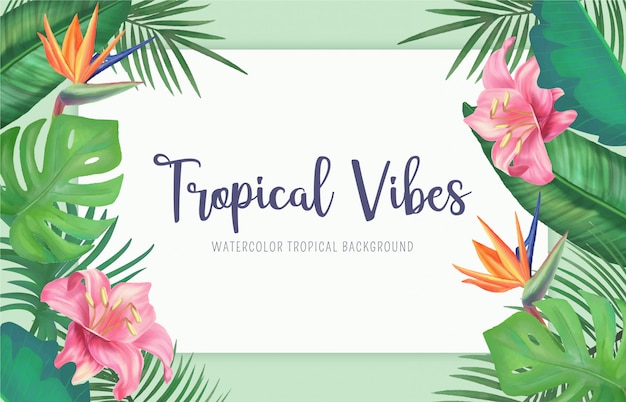 Tropical background with watercolor leaves and flowers