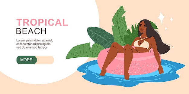 Tropical beach flat horizontal web banner with woman relaxing in flotation ring vector illustration