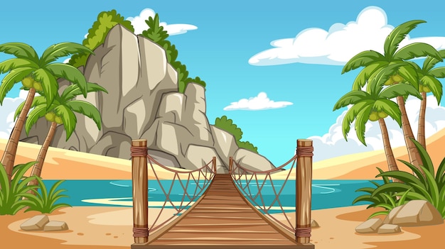 Free Vector tropical beach oasis with suspension bridge