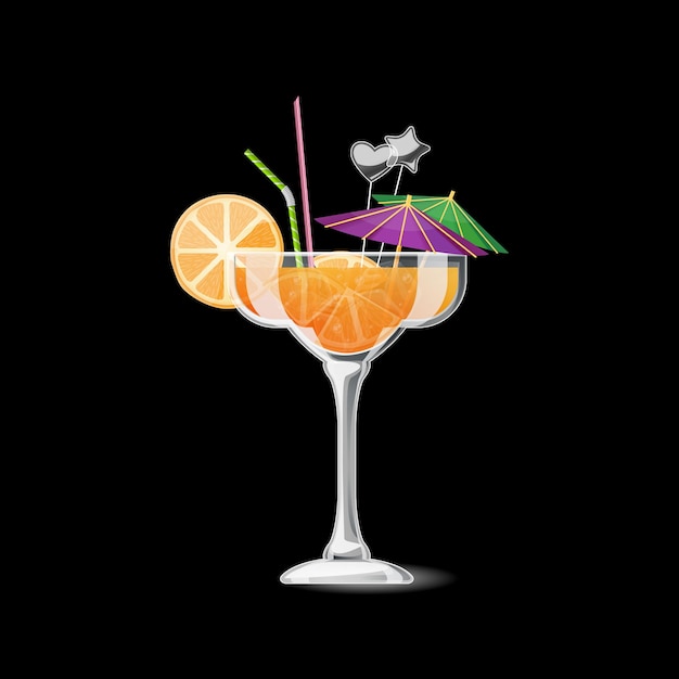 Tropical cocktail isolated. Alcohol beverage with orange and straw. Summer cocktail in glass illustration