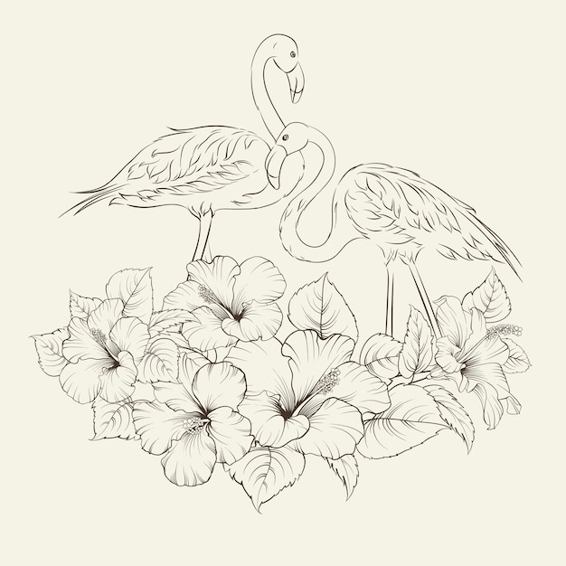 Tropical exotic flowers with elegant flamingos birds over gray