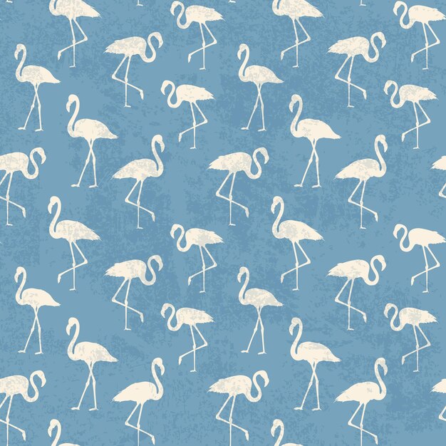 Tropical exotic seamless pattern with white flamingos birds over blue. Flamingo background design. Flamingo symbol of execution dreams. Seamless background with flamingo pattern. Vector illustration.