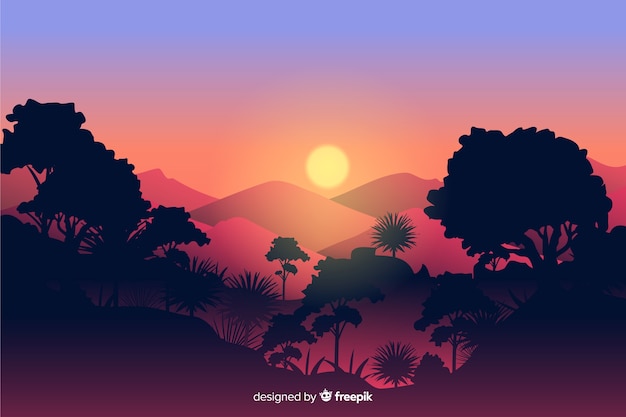 Free Vector tropical forest landscape with sun and mountains