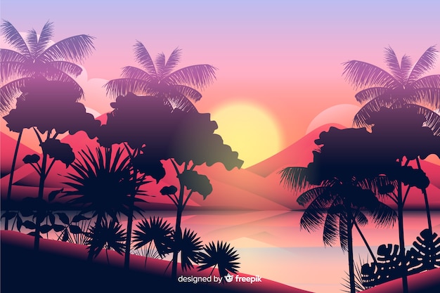 Free Vector tropical forest landscape with sunrise view