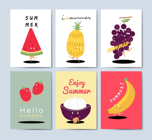 Free vector tropical fruit cartoons greeting card vector set