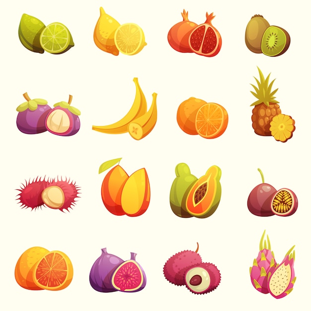 Tropical Fruits Retro Cartoon Icons Set