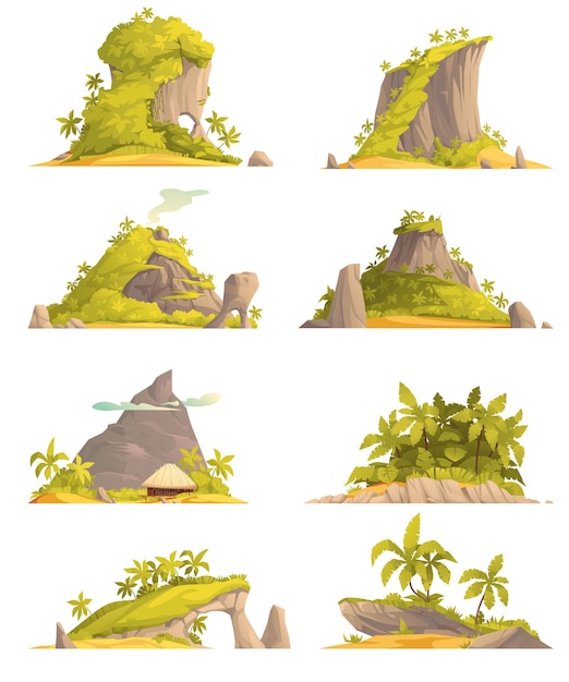 Free Vector tropical island cartoon icons set with rocky forest isolated vector illustration