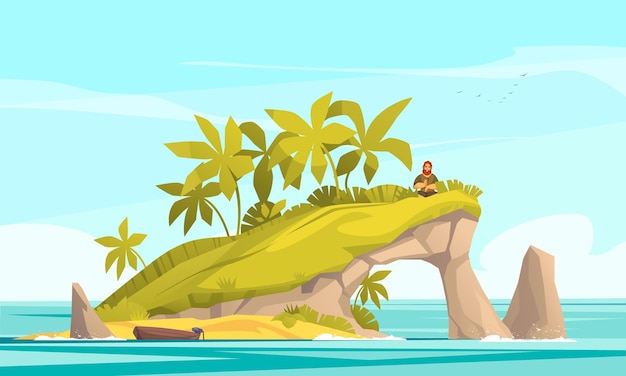 Free vector tropical island cartoon with lonely man on forest stone vector illustration