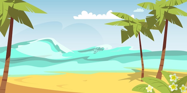 Free vector tropical island illustration sky coast palm trees and sailing boat in sea