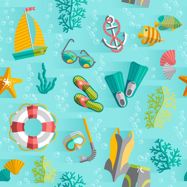 Tropical island souvenir wrap paper seamless pattern with swimming suit and diving snorkel 