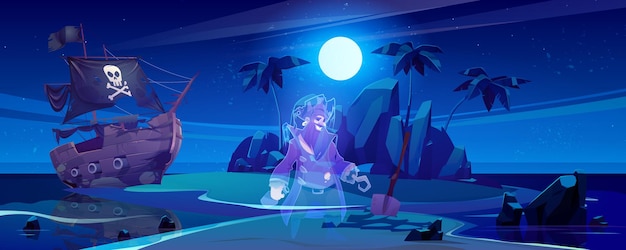 Free Vector tropical island with ghost of pirate and broken ship at night