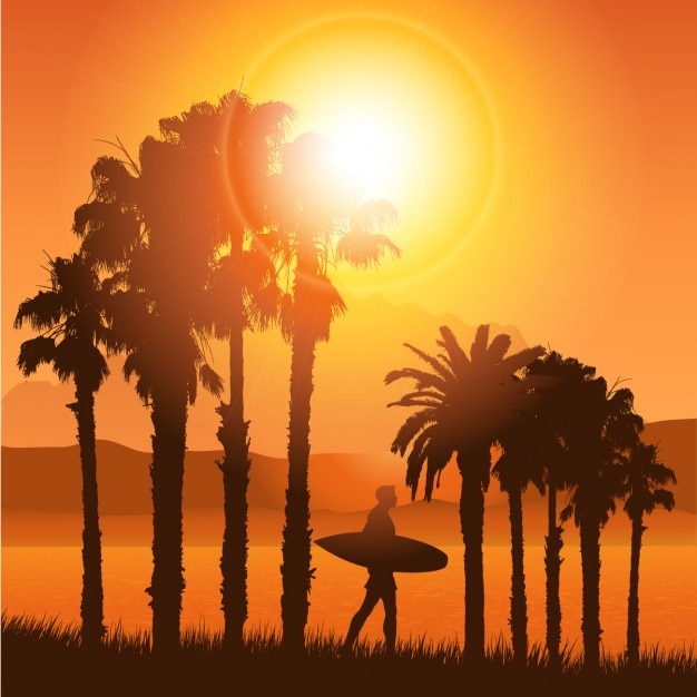 Free Vector tropical landscape silhouette with surfer